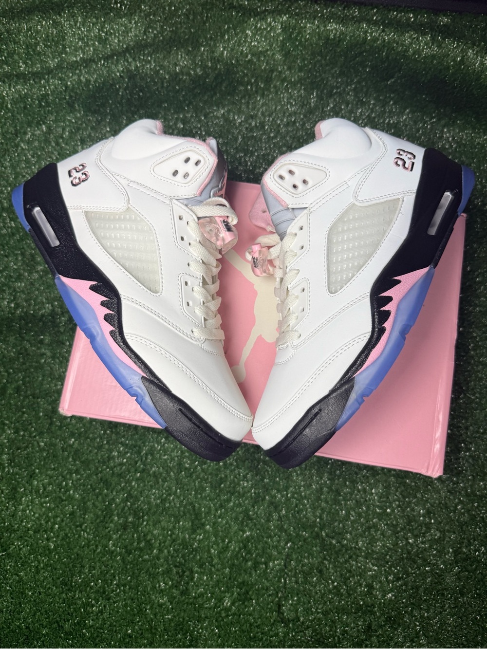 Jordan Retro High-Top Sneakers in White, Pink, Black and Blue
